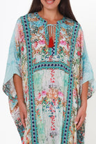 Mirage Kaftan Aqua Bloom bohemian floral viscose crepe kaftan with rhinestones