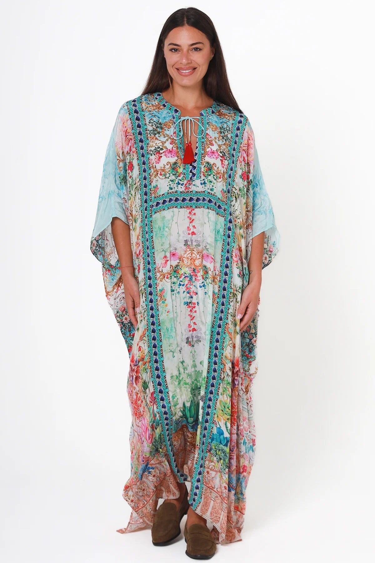 Mirage Kaftan Aqua Bloom bohemian floral viscose crepe kaftan with rhinestones