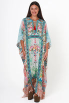 Mirage Kaftan Aqua Bloom bohemian floral viscose crepe kaftan with rhinestones