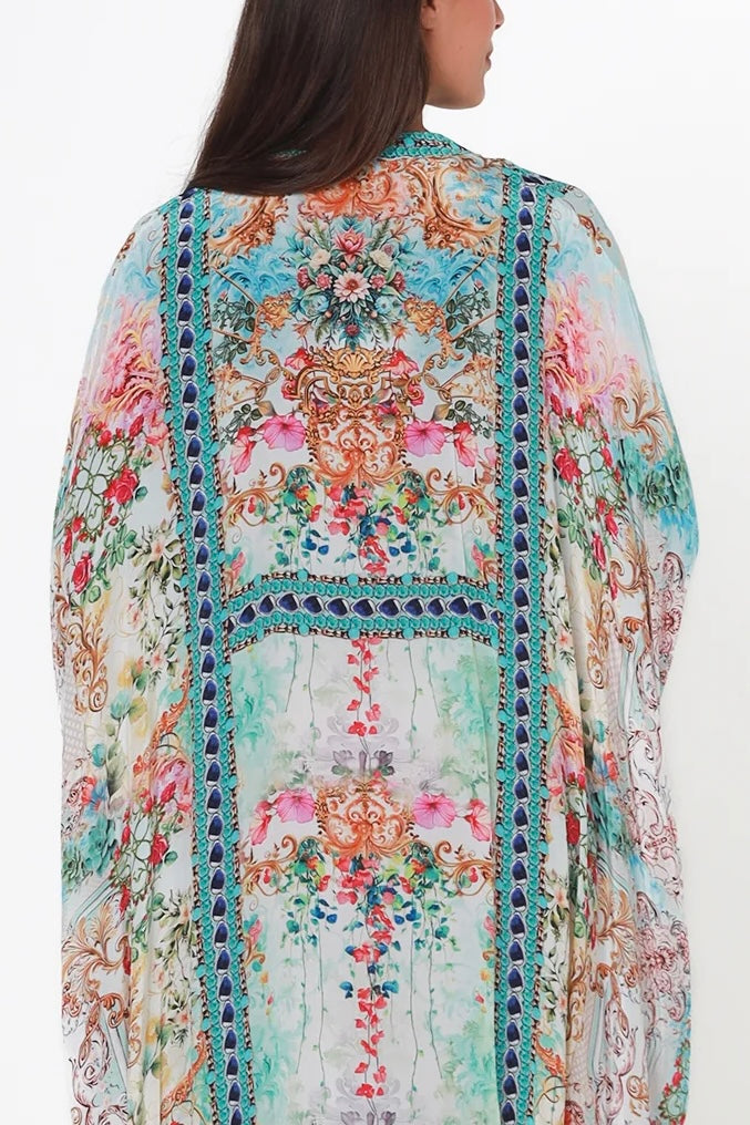 Mirage Kaftan Aqua Bloom bohemian floral viscose crepe kaftan with rhinestones