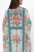Mirage Kaftan Aqua Bloom bohemian floral viscose crepe kaftan with rhinestones