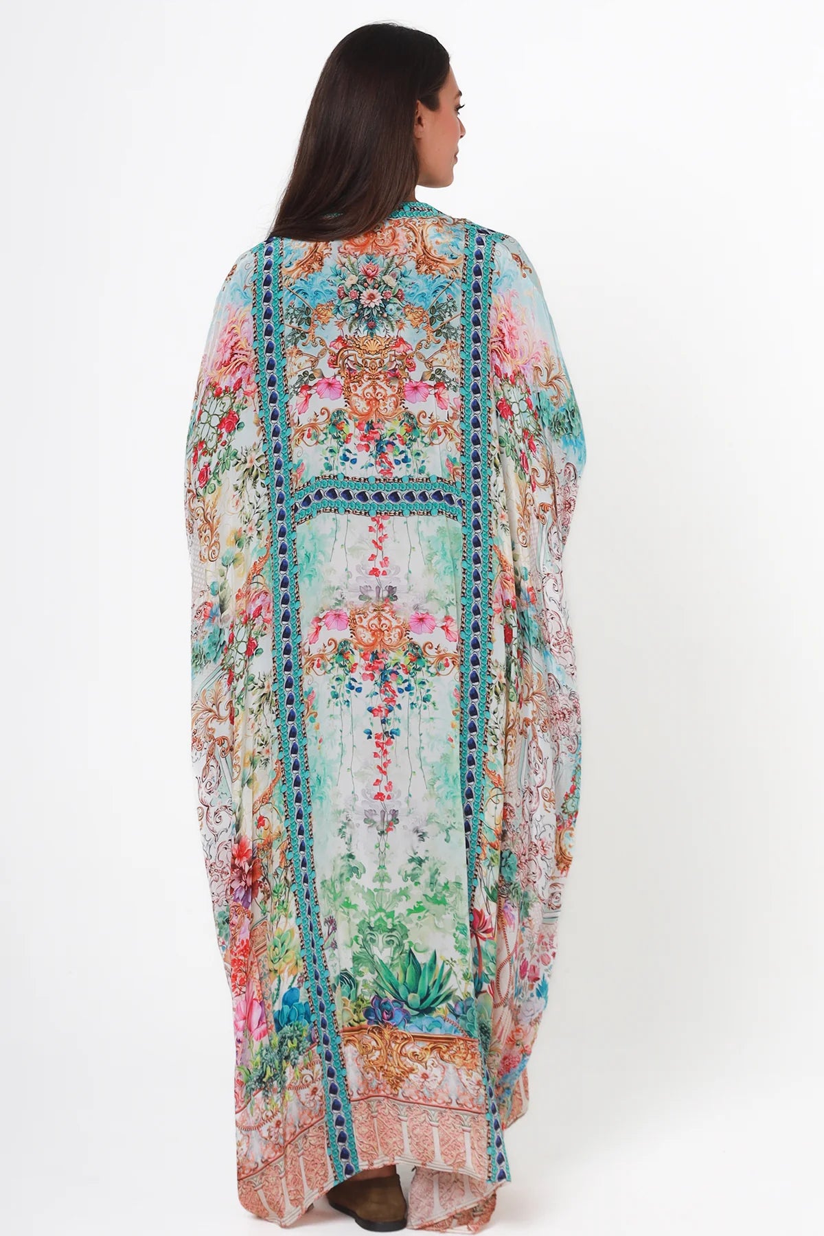 Mirage Kaftan Aqua Bloom bohemian floral viscose crepe kaftan with rhinestones