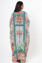 Mirage Kaftan Aqua Bloom bohemian floral viscose crepe kaftan with rhinestones