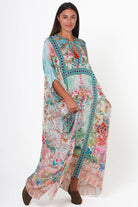 Mirage Kaftan Aqua Bloom bohemian floral viscose crepe kaftan with rhinestones