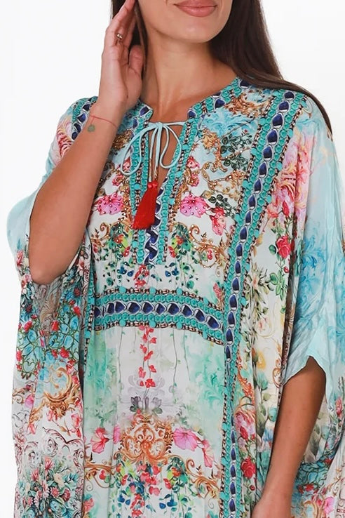 Mirage Kaftan Aqua Bloom bohemian floral viscose crepe kaftan with rhinestones