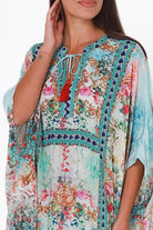 Mirage Kaftan Aqua Bloom bohemian floral viscose crepe kaftan with rhinestones