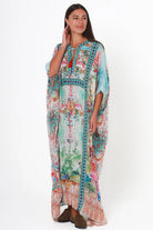 Mirage Kaftan Aqua Bloom bohemian floral viscose crepe kaftan with rhinestones