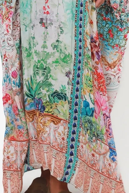 Mirage Kaftan Aqua Bloom bohemian floral viscose crepe kaftan with rhinestones