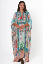 Mirage Kaftan Aqua Bloom bohemian floral viscose crepe kaftan with rhinestones