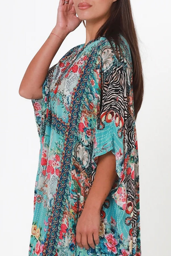 Mirage Floral Kaftan Turquoise Bloom by Peacock Feather the Label in viscose crepe with botanical boho print