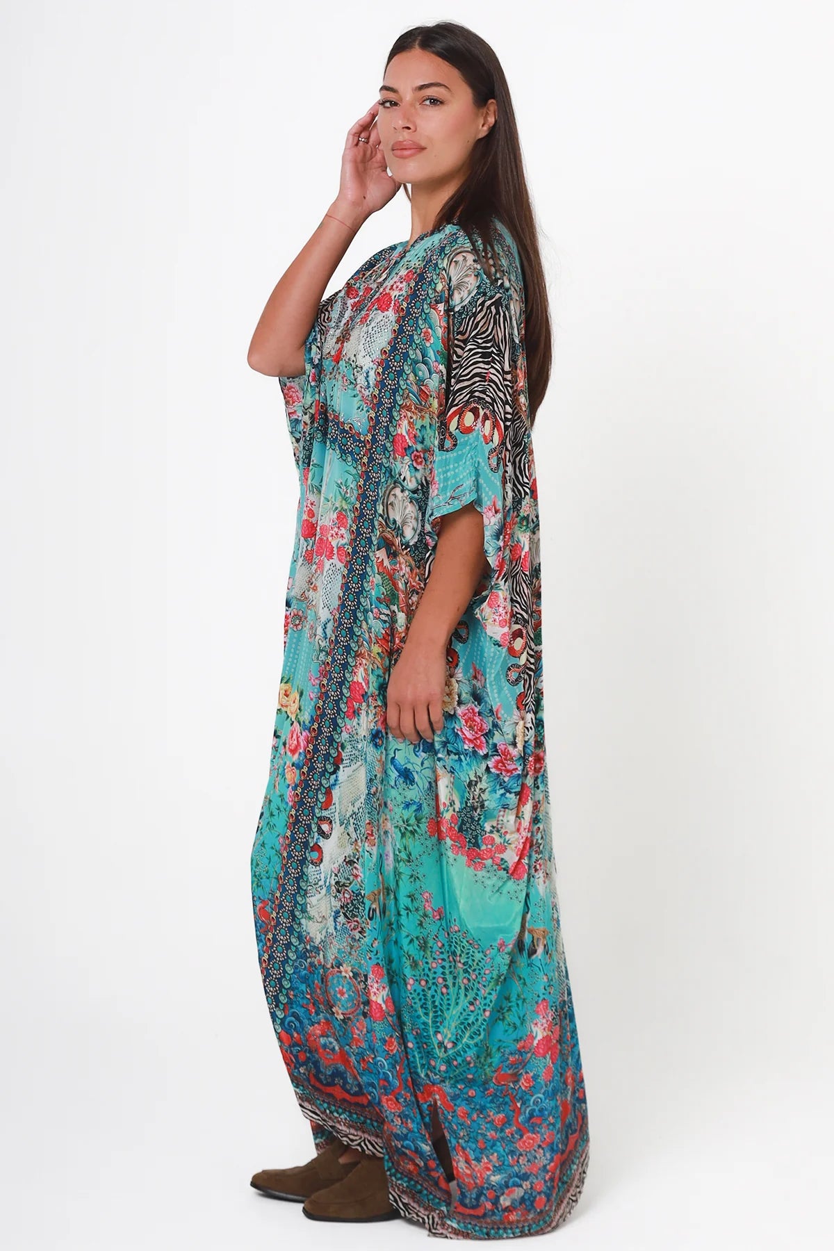 Mirage Floral Kaftan Turquoise Bloom by Peacock Feather the Label in viscose crepe with botanical boho print