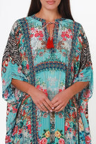 Mirage Floral Kaftan Turquoise Bloom by Peacock Feather the Label in viscose crepe with botanical boho print