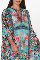 Mirage Floral Kaftan Turquoise Bloom by Peacock Feather the Label in viscose crepe with botanical boho print