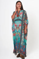 Mirage Floral Kaftan Turquoise Bloom by Peacock Feather the Label in viscose crepe with botanical boho print