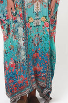 Mirage Floral Kaftan Turquoise Bloom by Peacock Feather the Label in viscose crepe with botanical boho print