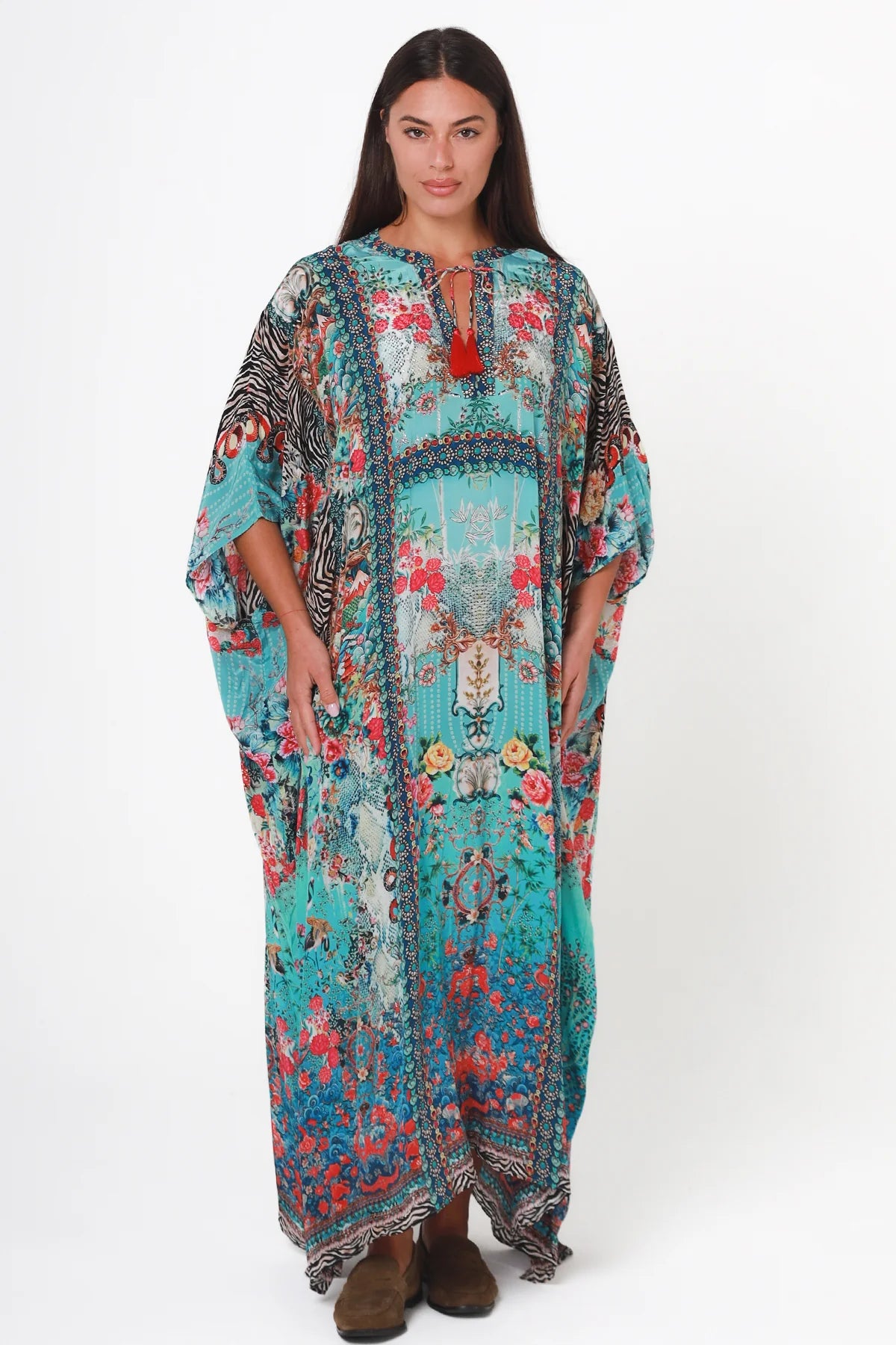 Mirage Floral Kaftan Turquoise Bloom by Peacock Feather the Label in viscose crepe with botanical boho print