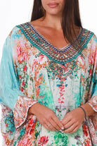 Eden Jewel embellished aqua garden kaftan mini dress by Peacock Feather in viscose crepe