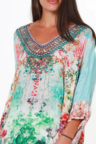 Eden Jewel embellished aqua garden kaftan mini dress by Peacock Feather in viscose crepe