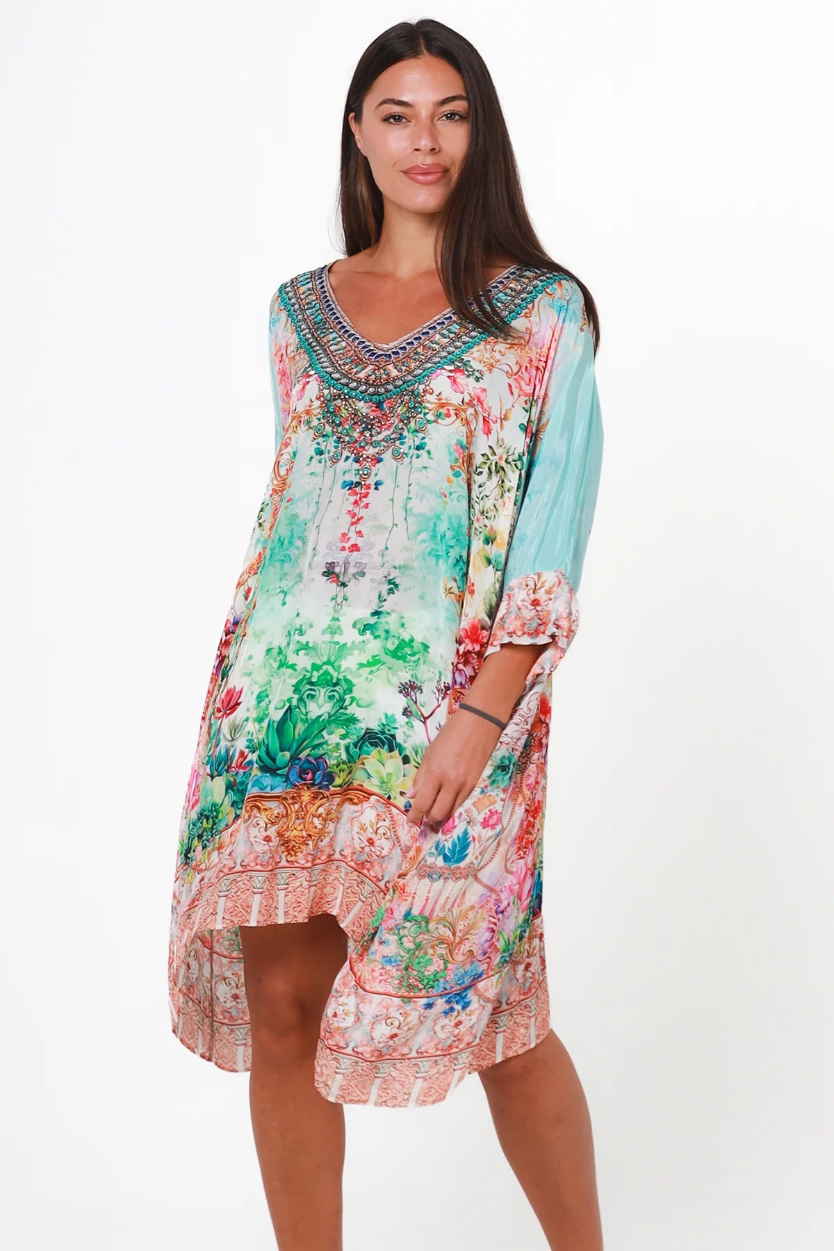 Eden Jewel embellished aqua garden kaftan mini dress by Peacock Feather in viscose crepe