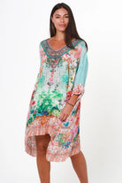Eden Jewel embellished aqua garden kaftan mini dress by Peacock Feather in viscose crepe