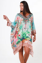 Eden Jewel embellished aqua garden kaftan mini dress by Peacock Feather in viscose crepe
