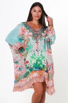 Eden Jewel embellished aqua garden kaftan mini dress by Peacock Feather in viscose crepe