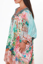 Eden Jewel embellished aqua garden kaftan mini dress by Peacock Feather in viscose crepe