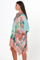 Eden Jewel embellished aqua garden kaftan mini dress by Peacock Feather in viscose crepe