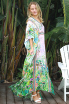 Viscose crepe tropical print one-size kaftan with beaded detailing – Peacock Feather Resort Luxe white background