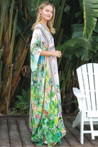 Viscose crepe tropical print one-size kaftan with beaded detailing – Peacock Feather Resort Luxe white background