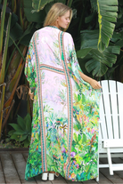 Viscose crepe tropical print one-size kaftan with beaded detailing – Peacock Feather Resort Luxe white background