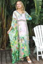 Viscose crepe tropical print one-size kaftan with beaded detailing – Peacock Feather Resort Luxe white background