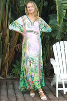 Viscose crepe tropical print one-size kaftan with beaded detailing – Peacock Feather Resort Luxe white background