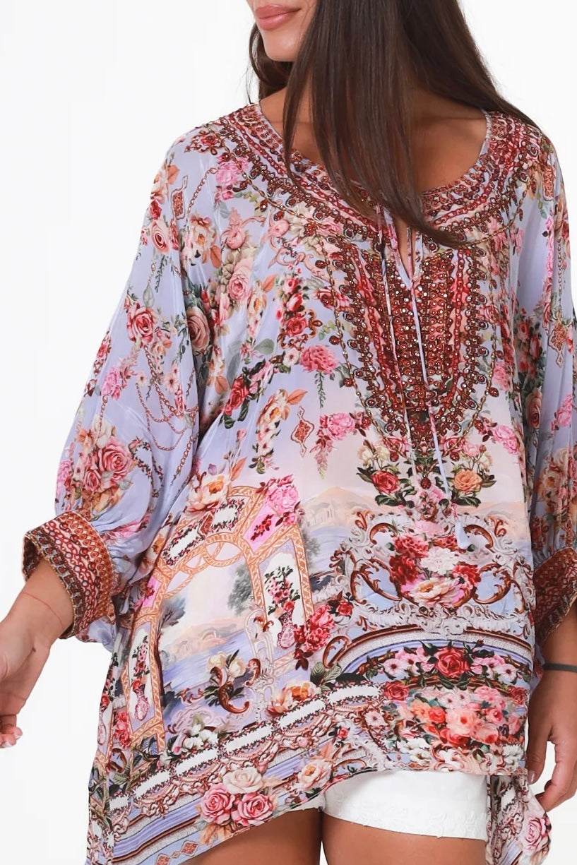 Clara embellished lavender viscose crepe boho tunic blouse with rhinestone neckline by Peacock Feather