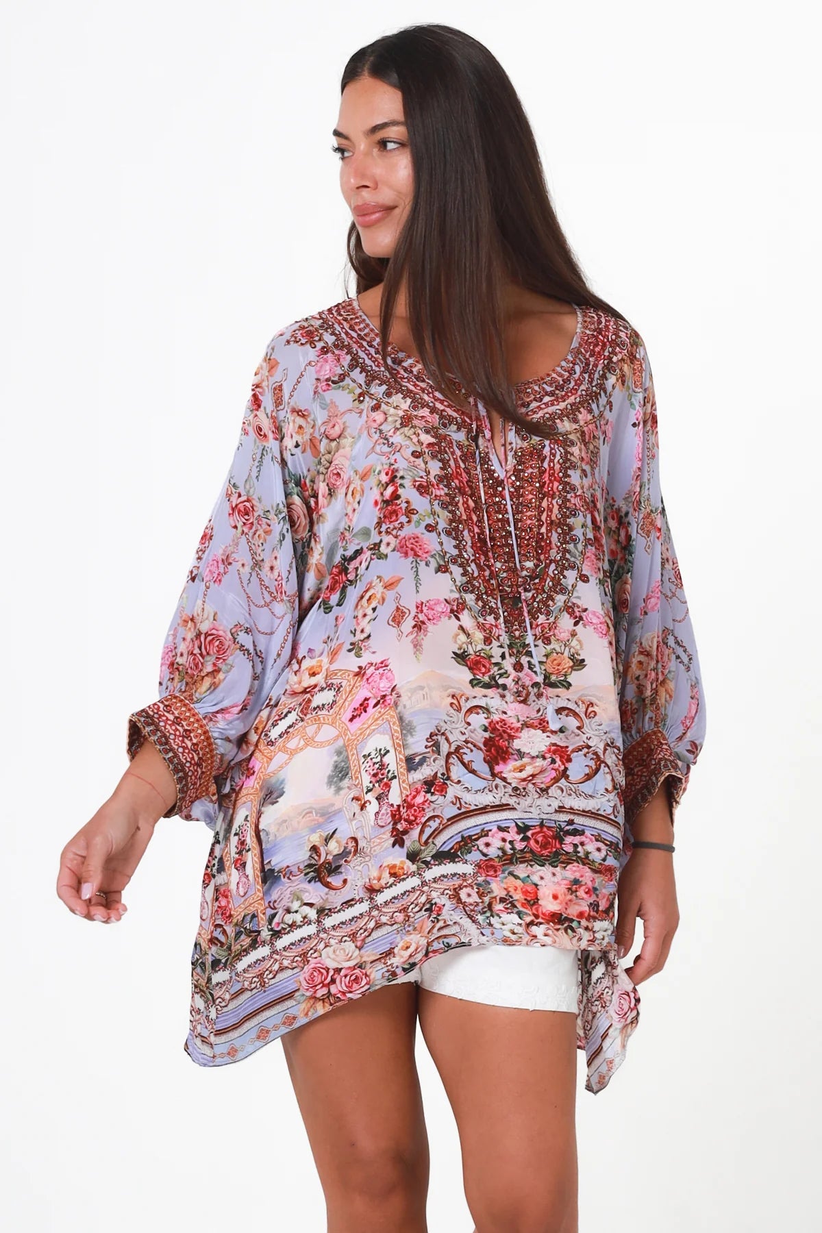 Clara embellished lavender viscose crepe boho tunic blouse with rhinestone neckline by Peacock Feather