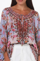 Clara embellished lavender viscose crepe boho tunic blouse with rhinestone neckline by Peacock Feather