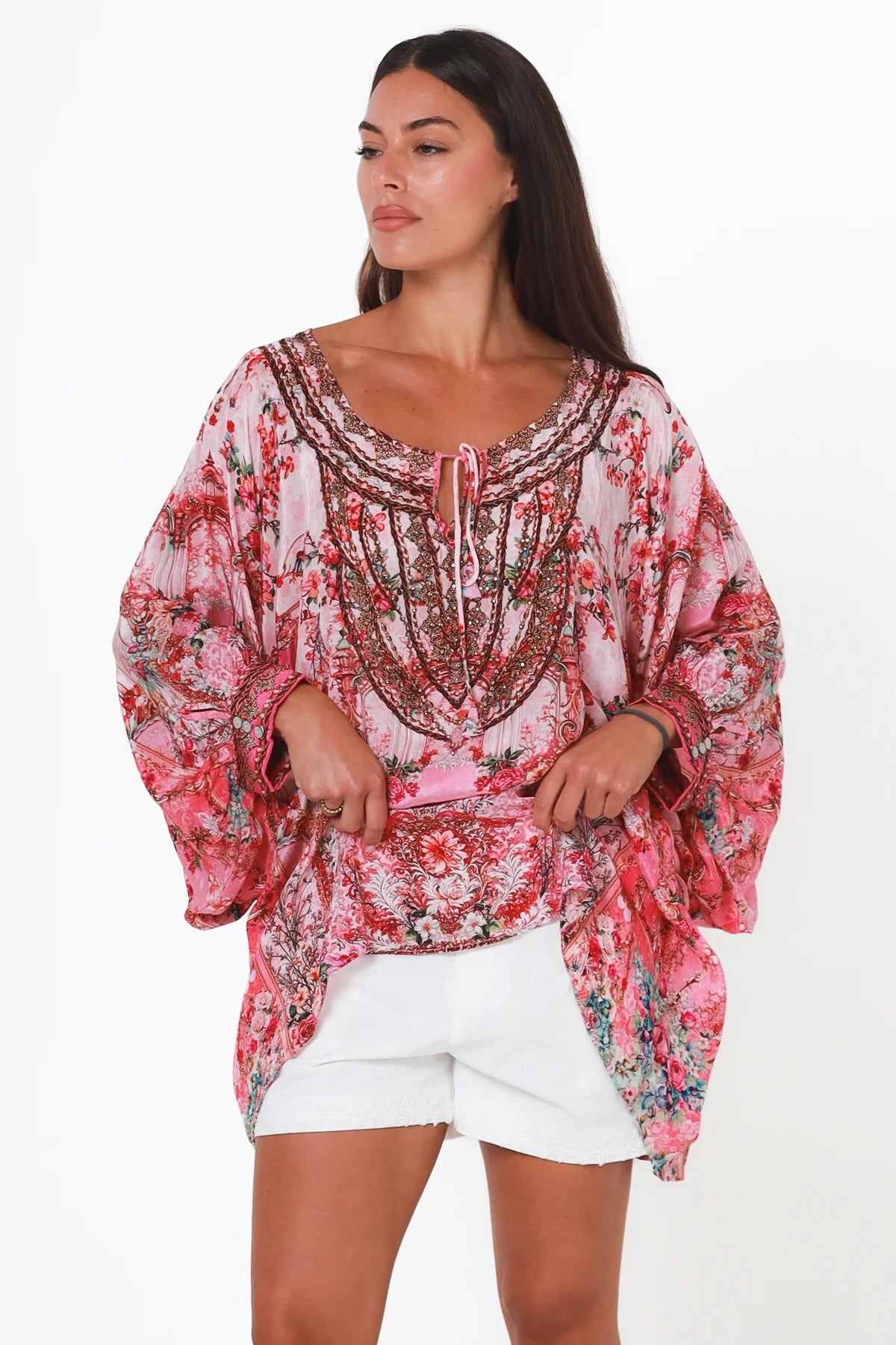 Clara Embellished Tunic Blouse Rose by Peacock Feather with rhinestone neckline floral viscose crepe one size
