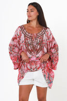 Clara Embellished Tunic Blouse Rose by Peacock Feather with rhinestone neckline floral viscose crepe one size
