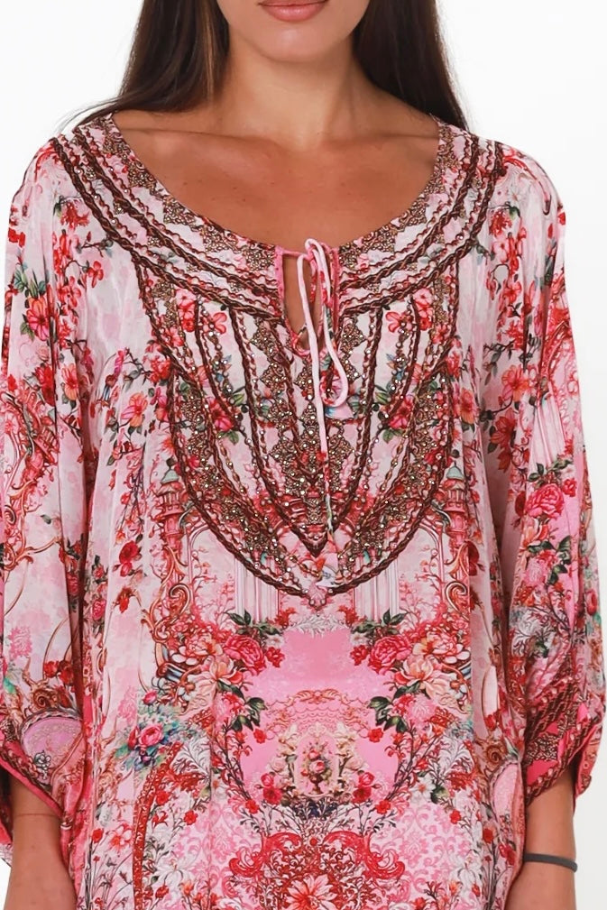 Clara Embellished Tunic Blouse Rose by Peacock Feather with rhinestone neckline floral viscose crepe one size