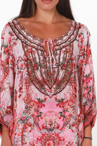 Clara Embellished Tunic Blouse Rose by Peacock Feather with rhinestone neckline floral viscose crepe one size