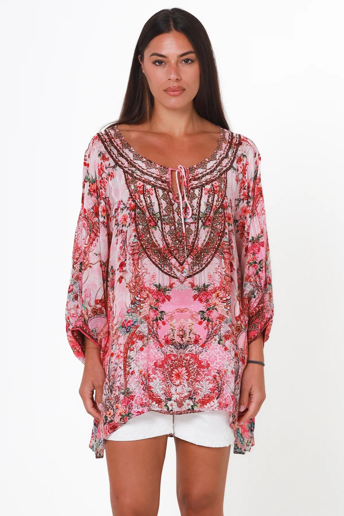 Clara Embellished Tunic Blouse Rose by Peacock Feather with rhinestone neckline floral viscose crepe one size