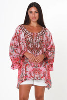 Clara Embellished Tunic Blouse Rose by Peacock Feather with rhinestone neckline floral viscose crepe one size