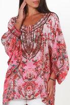Clara Embellished Tunic Blouse Rose by Peacock Feather with rhinestone neckline floral viscose crepe one size