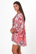 Clara Embellished Tunic Blouse Rose by Peacock Feather with rhinestone neckline floral viscose crepe one size