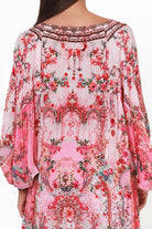 Clara Embellished Tunic Blouse Rose by Peacock Feather with rhinestone neckline floral viscose crepe one size