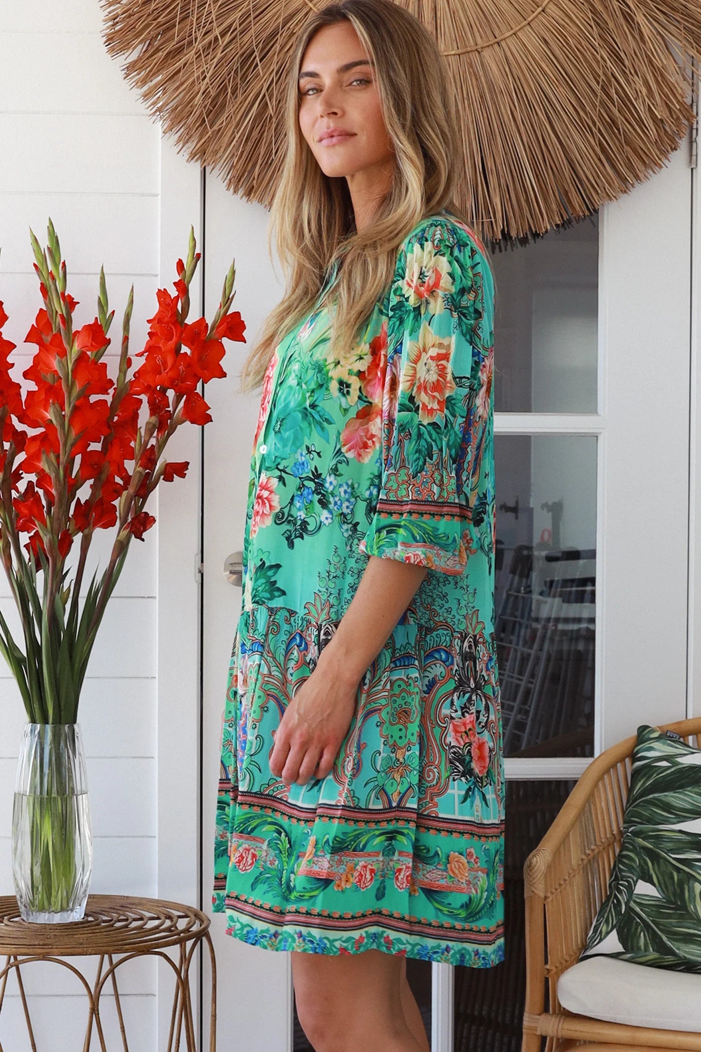 Cuba Rose mini dress in mint green with coral and sapphire floral print - viscose linen drop-waist boho dress Australia