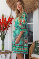Cuba Rose mini dress in mint green with coral and sapphire floral print - viscose linen drop-waist boho dress Australia