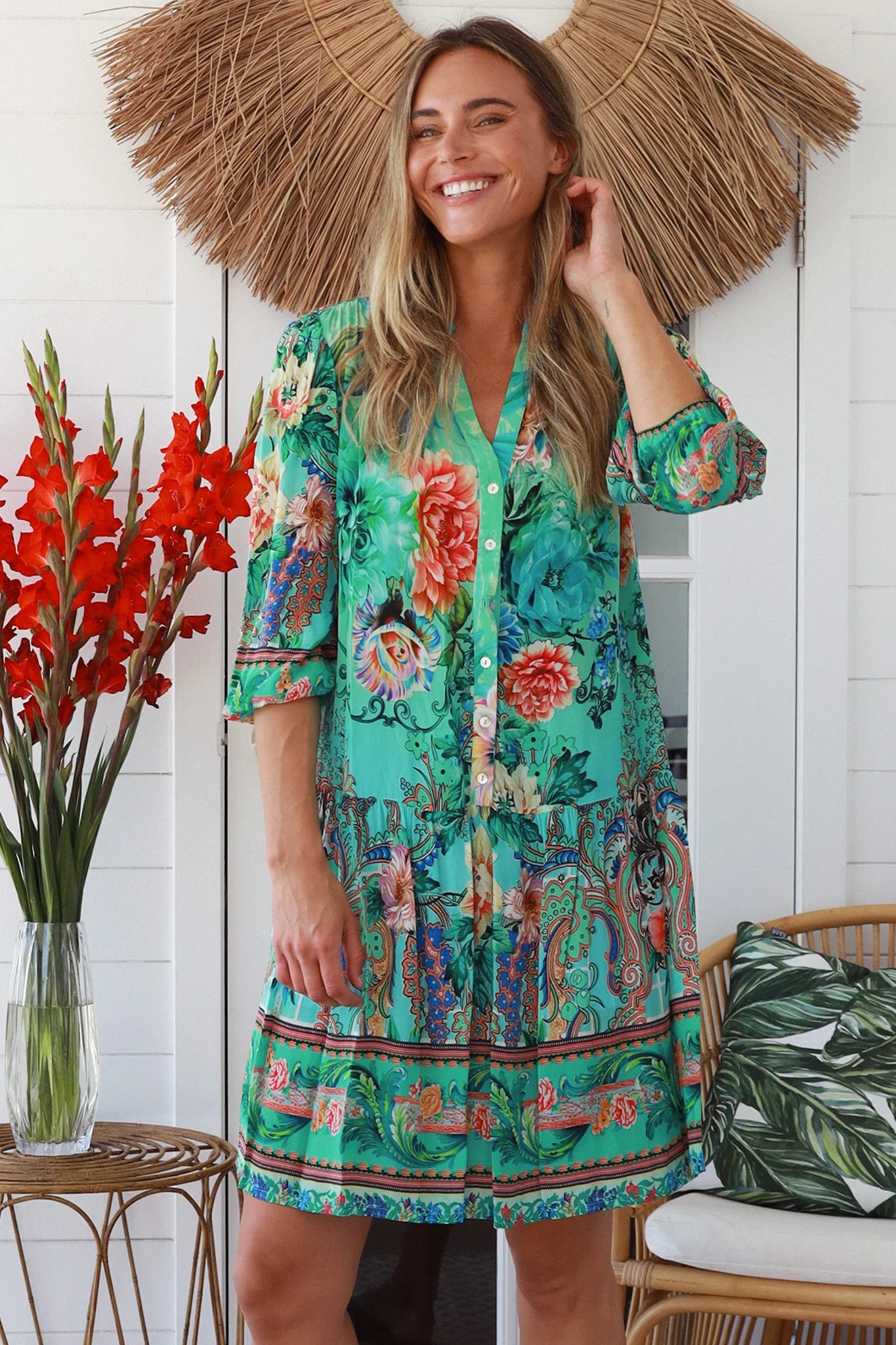 Cuba Rose mini dress in mint green with coral and sapphire floral print - viscose linen drop-waist boho dress Australia