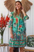 Cuba Rose mini dress in mint green with coral and sapphire floral print - viscose linen drop-waist boho dress Australia