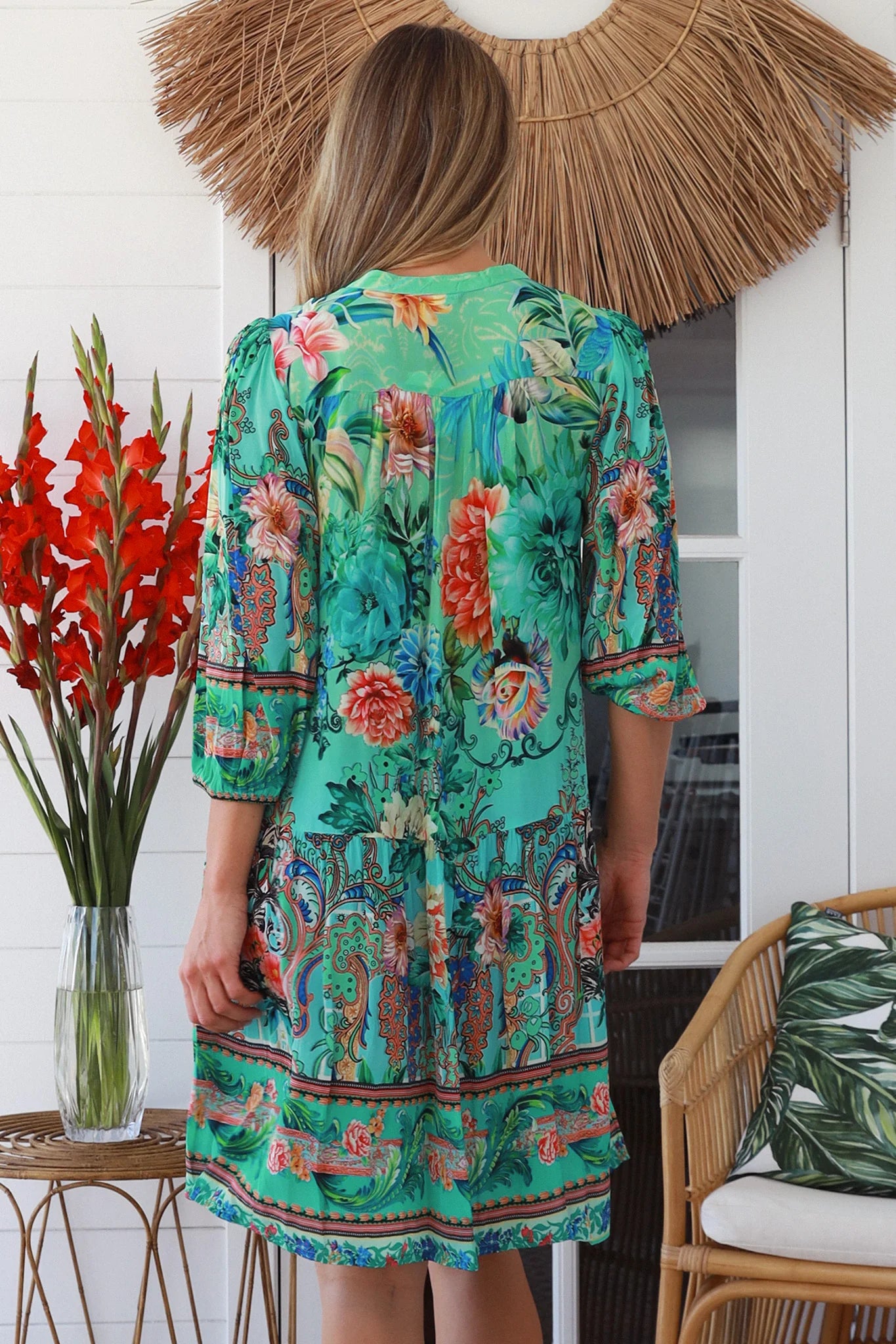 Cuba Rose mini dress in mint green with coral and sapphire floral print - viscose linen drop-waist boho dress Australia